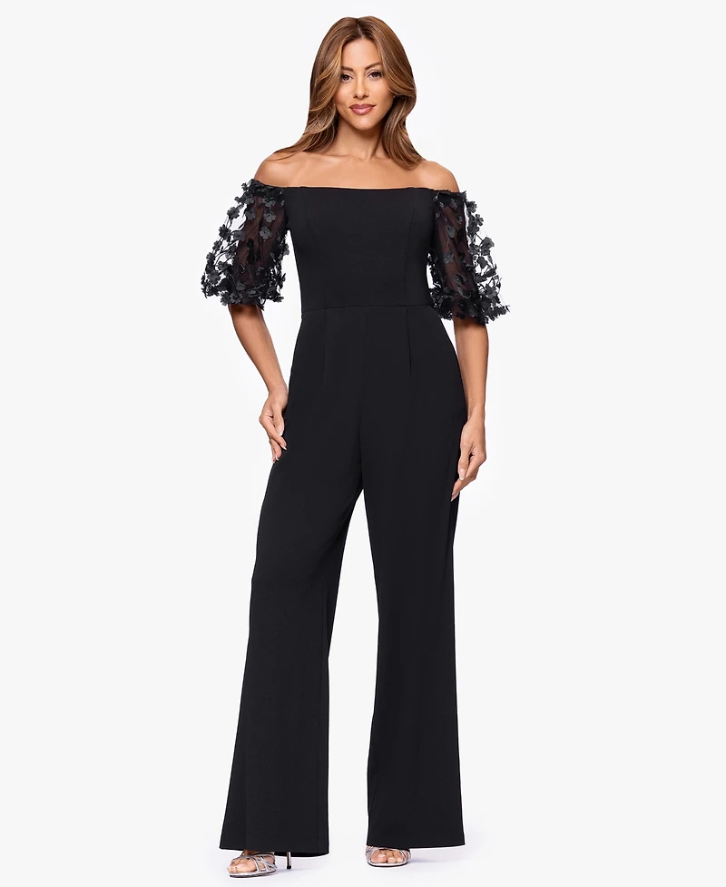 Xscape Women's Off-The-Shoulder Ruched Side Floral Jumpsuit