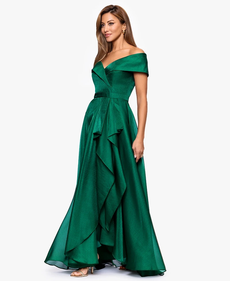 Xscape Women's Sweetheart Neck Off-The-Shoulder Ruffle Long Dress