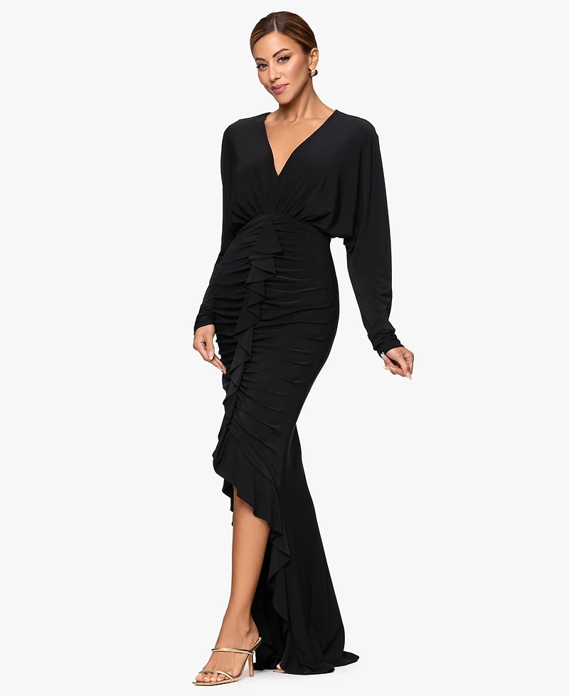 Xscape Women's V-Neck Ruched Asymmetrical Hemline Long Dress