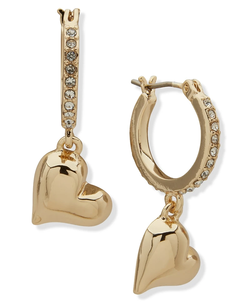 Dkny Gold-Tone Crystal Puffy Heart Drop Hoop Earrings