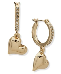 Dkny Gold-Tone Crystal Puffy Heart Drop Hoop Earrings