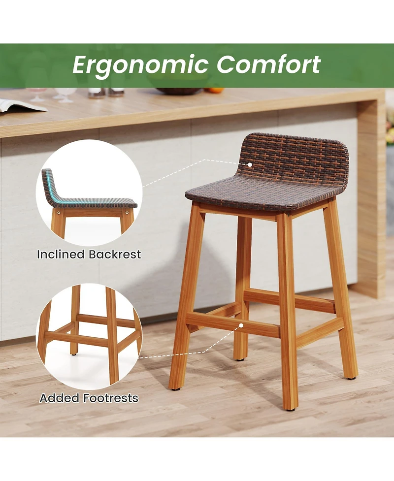 Gymax Solid Acacia Wood Bar Stools Set of Rattan Bar Height Patio Chairs for Porch