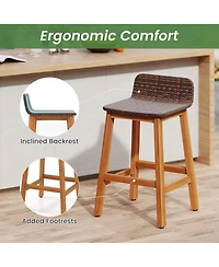 Gymax Solid Acacia Wood Bar Stools Set of Rattan Bar Height Patio Chairs for Porch