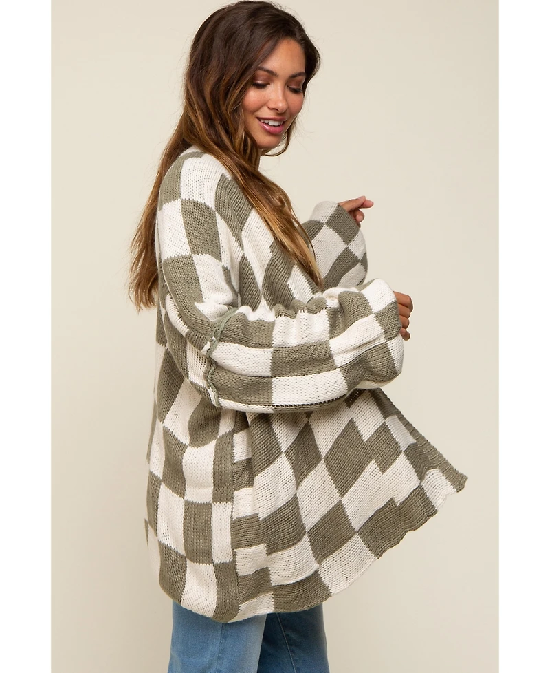 Pinkblush Women Olive Checkered Print Oversized Maternity Cardigan