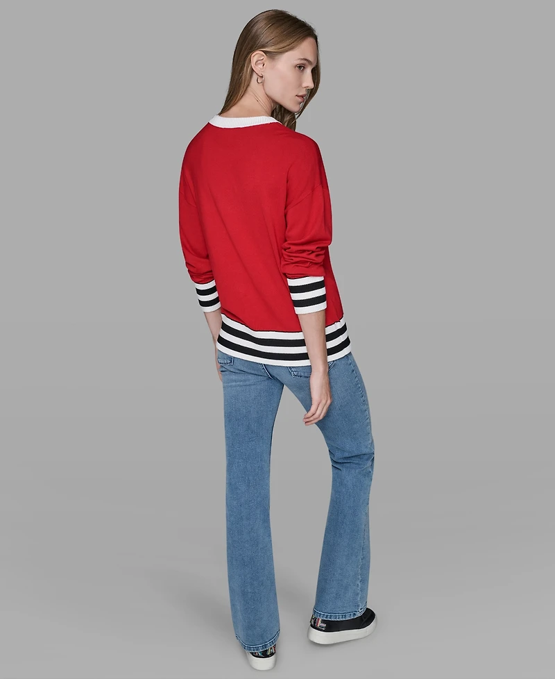 Karl Lagerfeld Paris Women's Crewneck Logo Striped Sweater