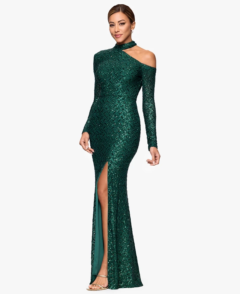 Xscape Women's Long-Sleeve Sequined Long Dress