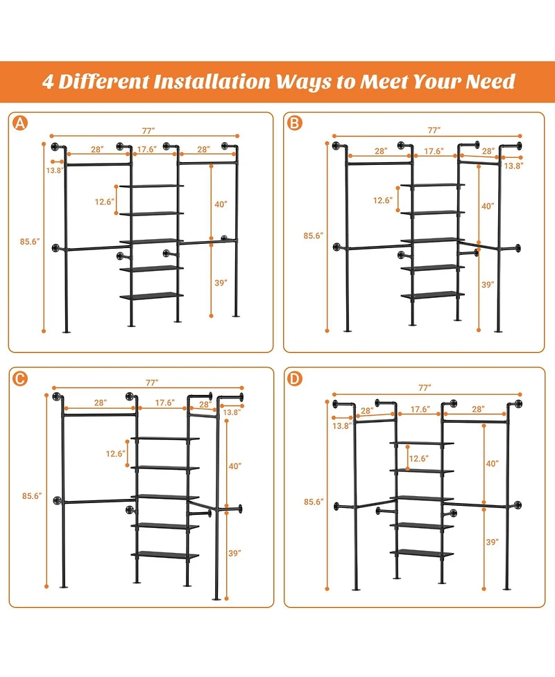 Aheaplus 6.42FT Industrial Metal Pipe Clothing Rack, Reversible Clothes Rack with 5 Shelves and 4 Hanging Rods
