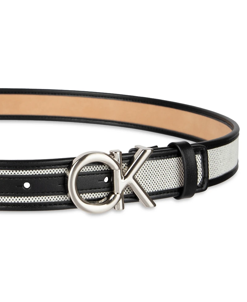 Calvin Klein Women's Woven Inlay Leather Belt with Puff Ck Monogram Buckle