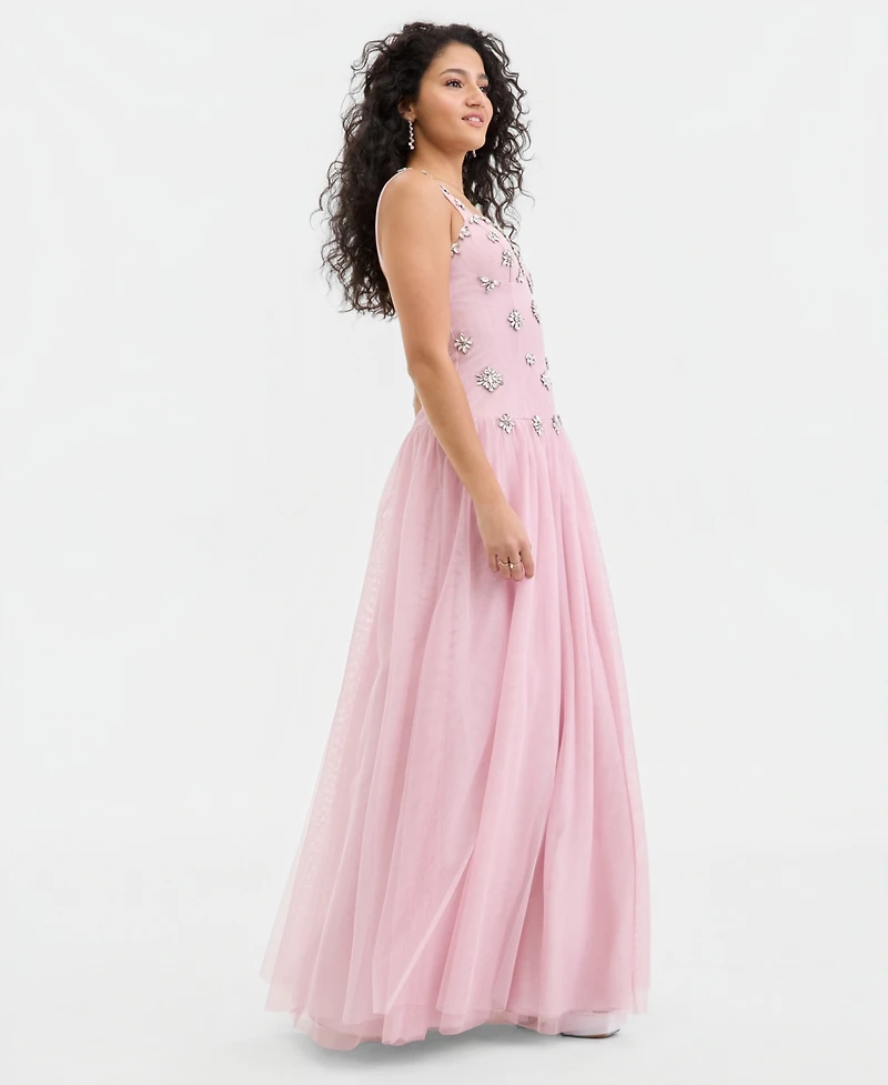 Say Yes Juniors' Sweetheart-Neck Embellished Mesh Gown