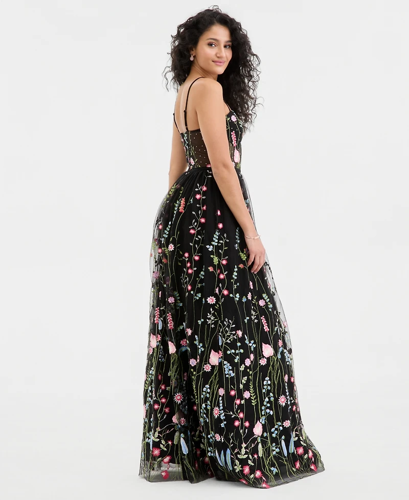 City Studios Juniors' Floral Embroidered Mesh Gown, Created for Macy's