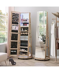 Vlsrka A 360° swivel standing jewelry mirror cabinet with storage shelves, full-length mirror, and Led lights.