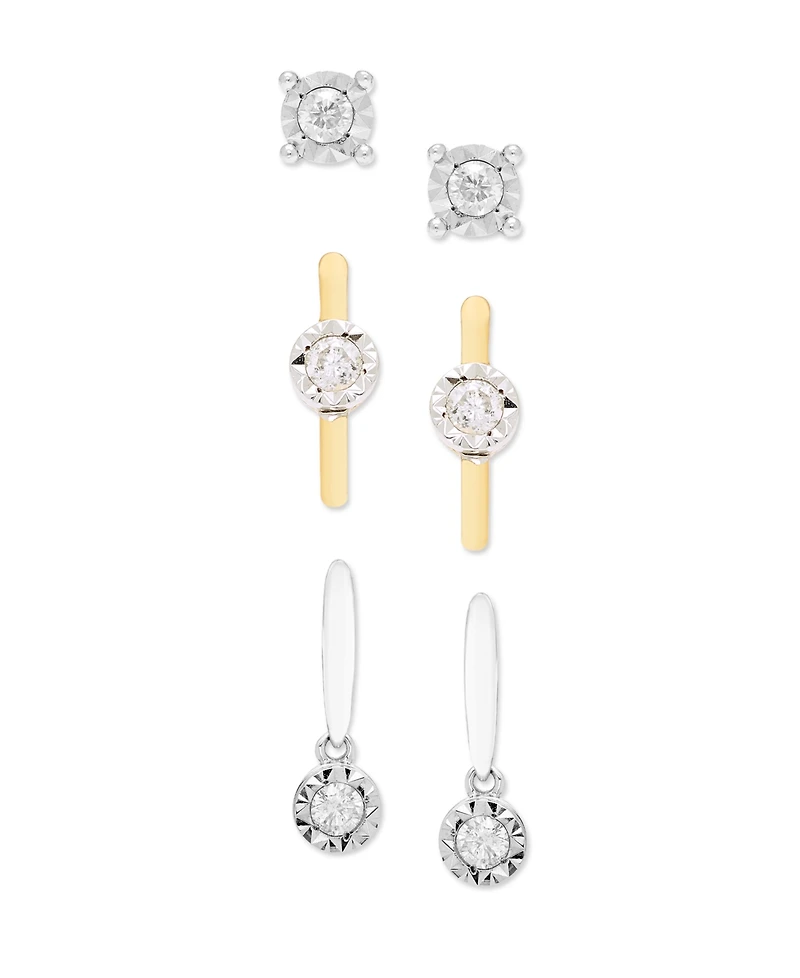 Macy's 3-Pc. Diamond Stud Earrings (1/4 ct. t.w.) in Sterling Silver and Gold Over Silver