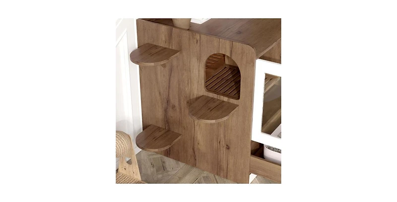 Aostirmotor Cat Litter Box Cabinet with Drawer and Stairs Brown White