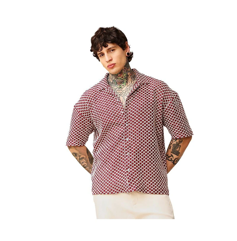 Campus Sutra Men's Crimson Red Geometric-Crochet Cuban Oversized Shirt