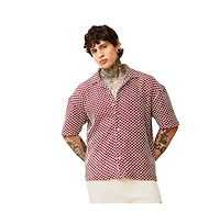 Campus Sutra Men's Crimson Red Geometric-Crochet Cuban Oversized Shirt