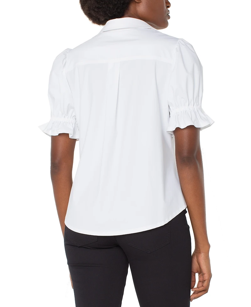 Liverpool Los Angeles Women's Elbow Puff Sleeve Snap Front Collar Top