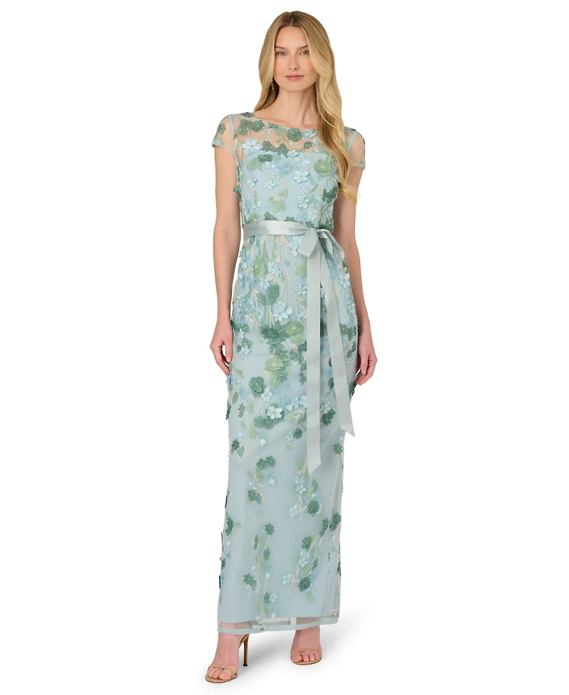 Adrianna Papell Women's Cascading Floral Column Short-Sleeve Gown