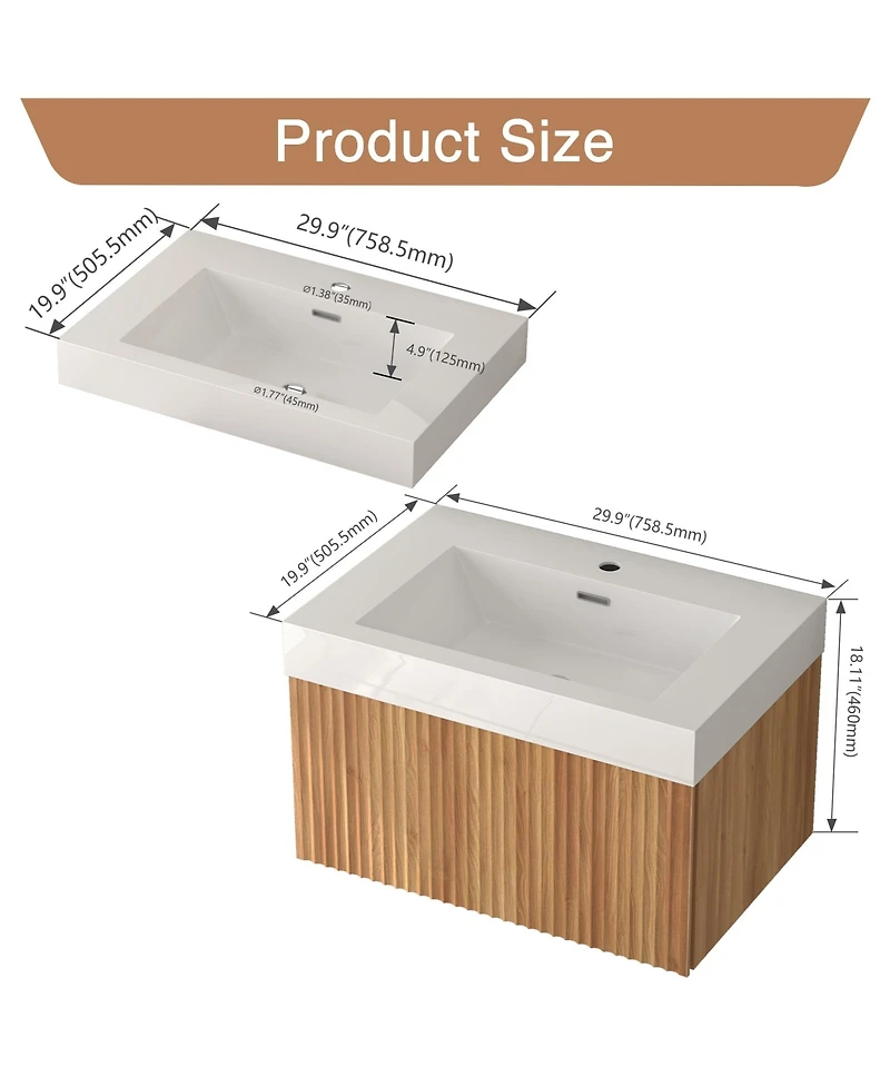 Boyel Living 30" Bathroom Vanity – Wall-Mount Floating Cabinet, Acacia Plywood Finish, Integrated Sink & Basin