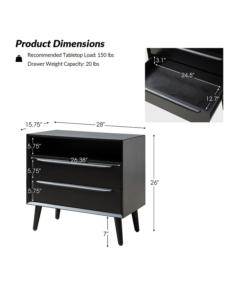 Hulala Home Kay Mid-century Modern 2 - Drawer Nightstand with Built-In Outlets