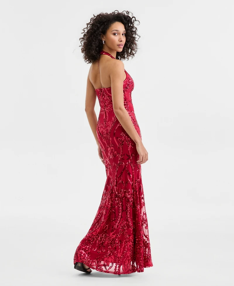 B Darlin Juniors' Sequined Halter-Neck Evening Gown, Created for Macy's