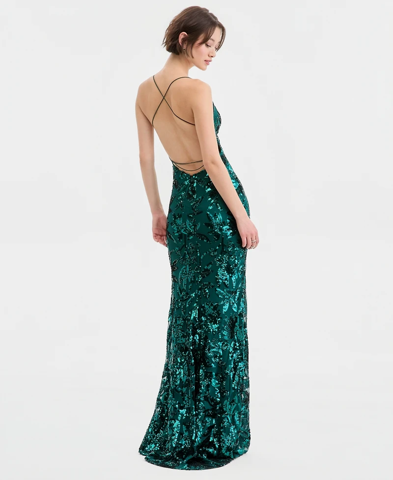 B Darlin Juniors' V-Neck Strappy Sequin Mermaid Gown