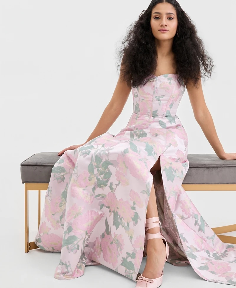 Emerald Sundae Juniors' Jacquard Lace-Up-Back Gown