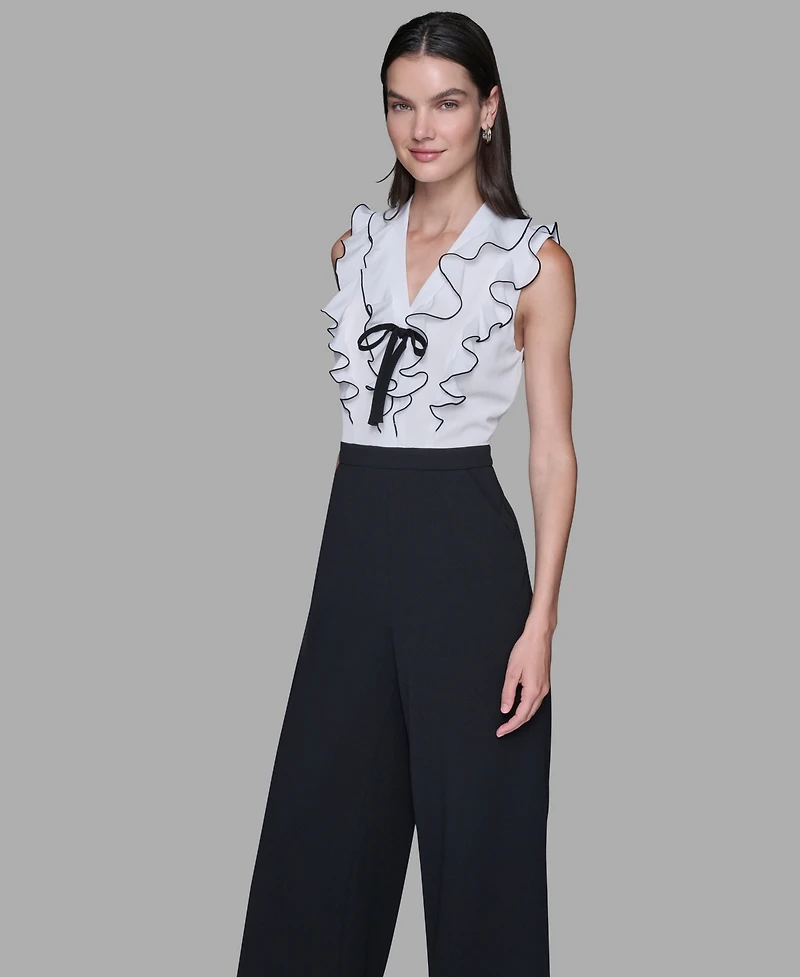 Karl Lagerfeld Paris Women's Ruffle V-Neck with Contrast Bow Jumpsuit