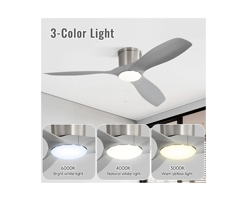 Sofucor 52-inch Modern Sand Nickel 3-Blade Flush Mount with Led Lights and Remote Control