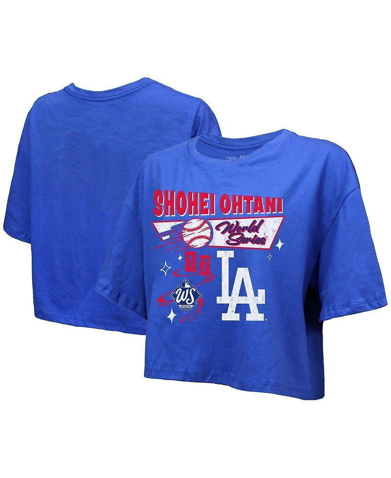 Majestic Threads Women's Shohei Ohtani Royal Los Angeles Dodgers 2025 World Series Name Number Boxy Cropped T-Shirt