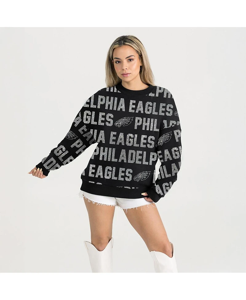Gameday Couture Women's Black Philadelphia Eagles Oversized Hype Era Rhinestone Text Sweatshirt