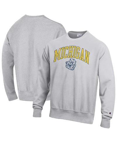 Champion Men's Gray Michigan Wolverines Distressed Arch Over Logo Reverse Weave Crew Neck Sweatshirt
