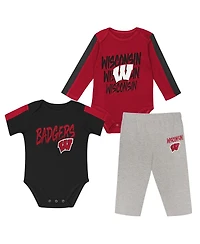 Outerstuff Baby Boys and Girls 3-Piece Red/Black Wisconsin Badgers Double Down Bodysuit Pants Set