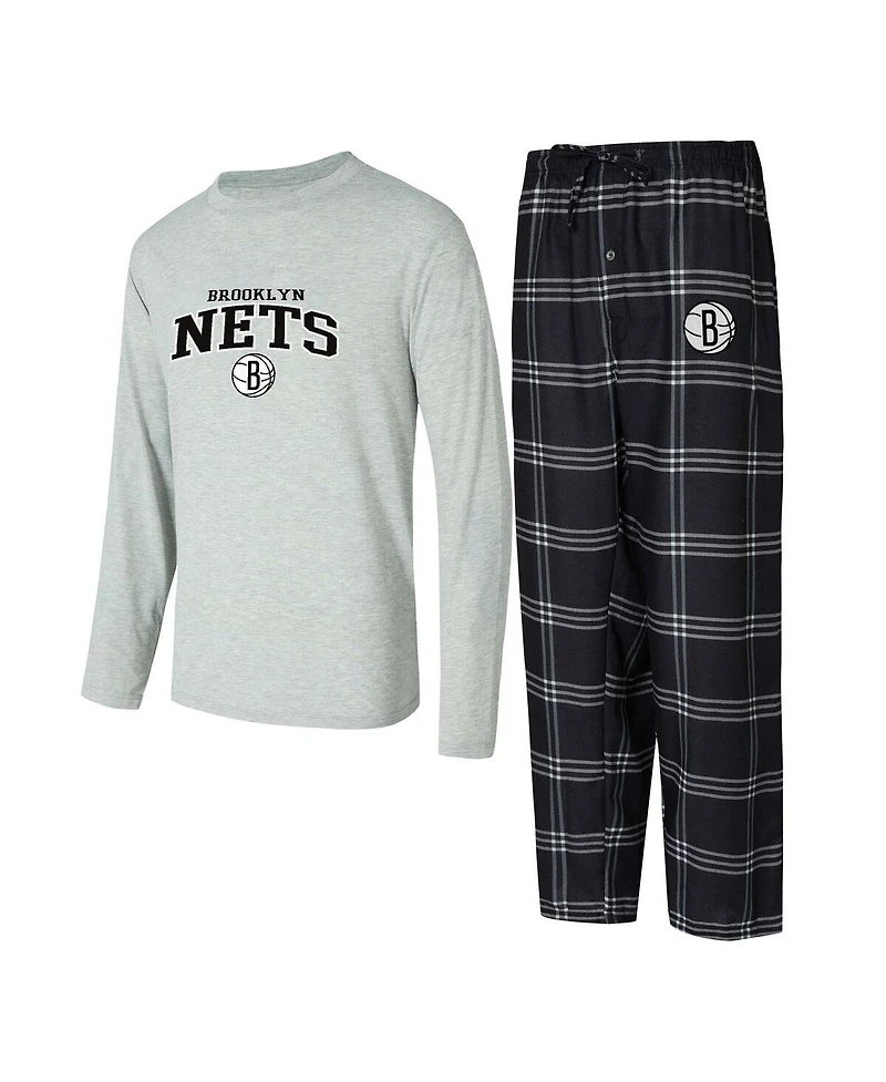 Concepts Sport Men's 2-Piece Black/Gray Brooklyn Nets Petition Long Sleeve Top and Plaid Pant Set