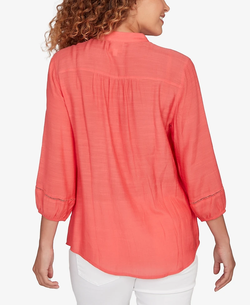 Ruby Rd. Petite Solid Silky Slub Pleated Button Front Top