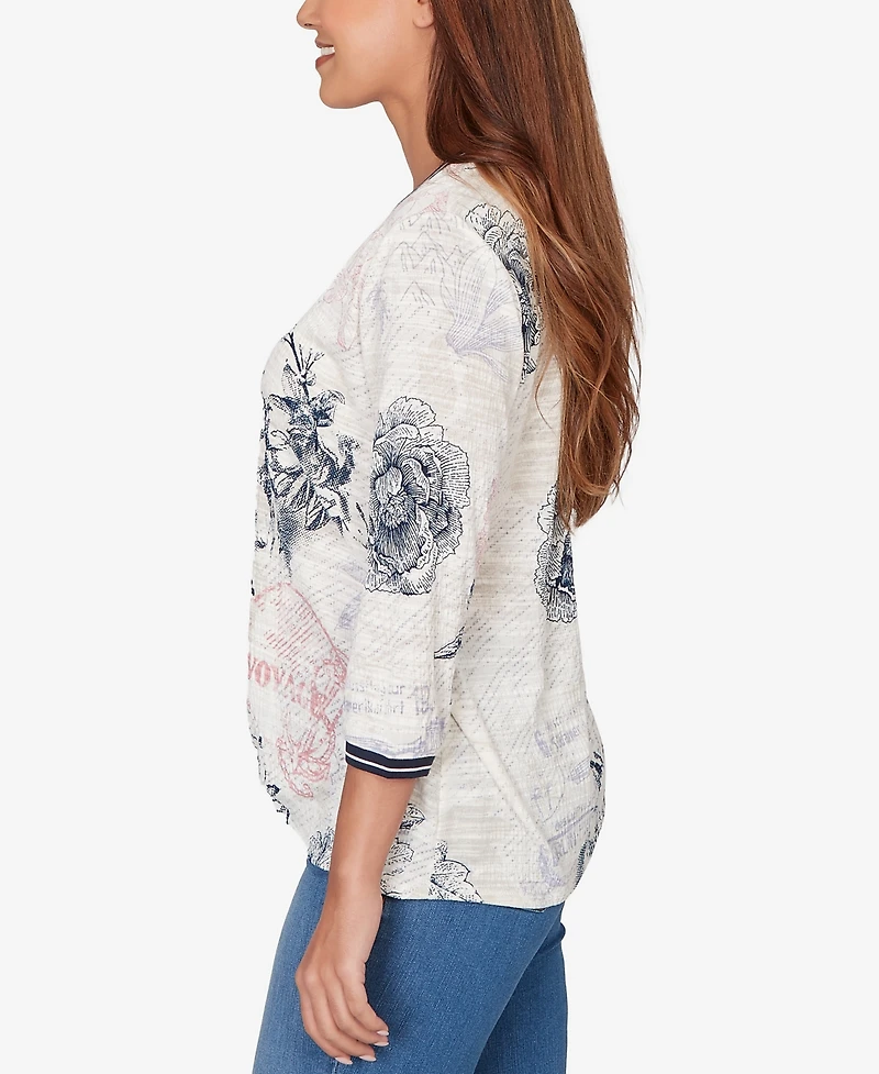 Ruby Rd. Petite Botanical Stamp Knit Twist Front Top