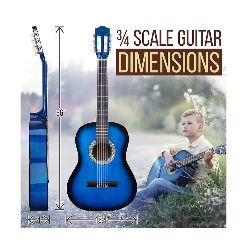 Pyle 36'' -Inch 6-String Classic Guitar - 3/4 Size Scale Guitar with Digital Tuner & Accessory Kit, (Blue burst