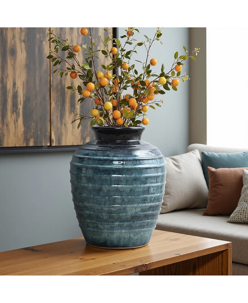 LuxenHome Rippled Blue with Brown 15.75-Inch Tall Round Ceramic Vase, Decorative Home Accent