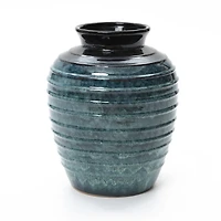 LuxenHome Rippled Blue with Brown 15.75-Inch Tall Round Ceramic Vase, Decorative Home Accent