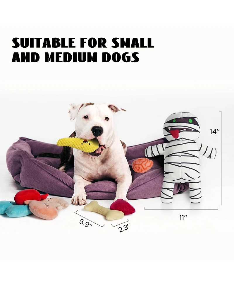 Nocciola 9-in-1 Zombie Plush Squeaky Dog Toys, Mummy Toys, Stimulating Puzzle Toy with 8 Organ-Shaped Plush Toys, Halloween gift, Stuffed Toys for Sma