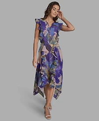 Bcbg Women's Handkerchief Hem Ruffle V-Neck Midi Dress