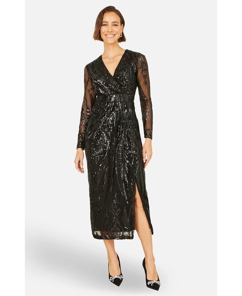 Yumi Women's Sequin Midi Long Sleeve Wrap Dress