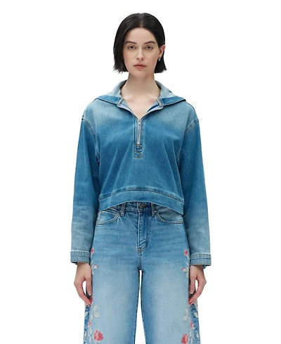 Bayeas Women's Vintage-Wash Cropped Denim Zip-Front Hoodie Jacket