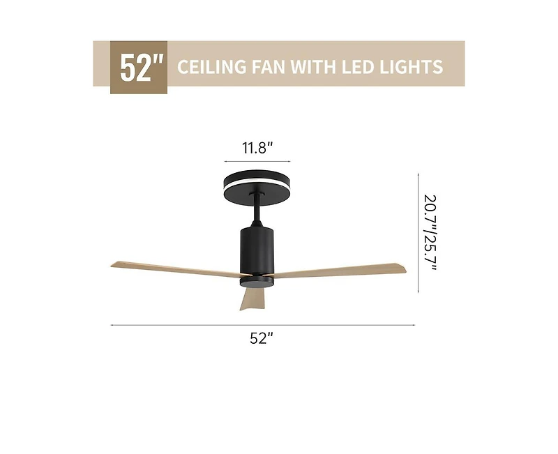 Sofucor 52-inch Modern Minimalist Black 3-Blade Ceiling Fans with Remote Control and Timing Function