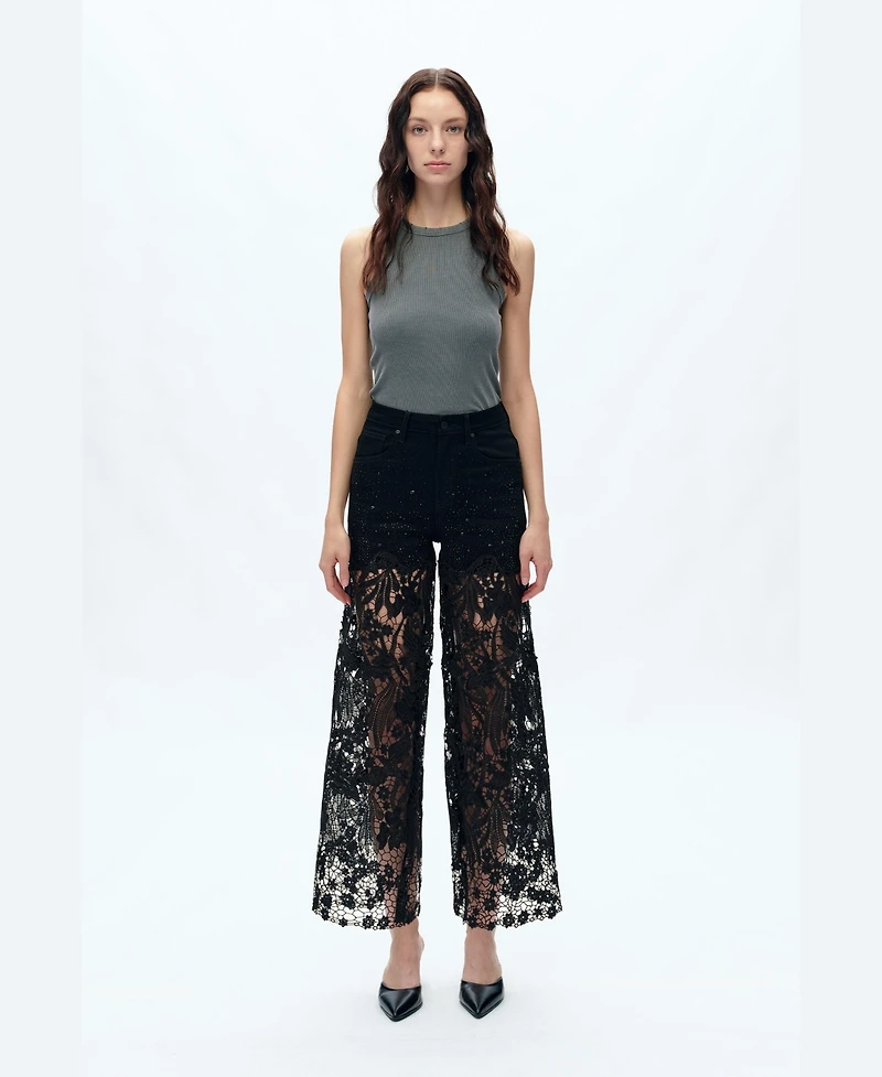 Bayeas Women's High-Rise Embroidered Lace Rhinestone Wide-Leg Jeans