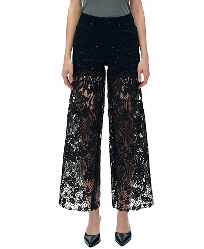 Bayeas Women's High-Rise Embroidered Lace Rhinestone Wide-Leg Jeans