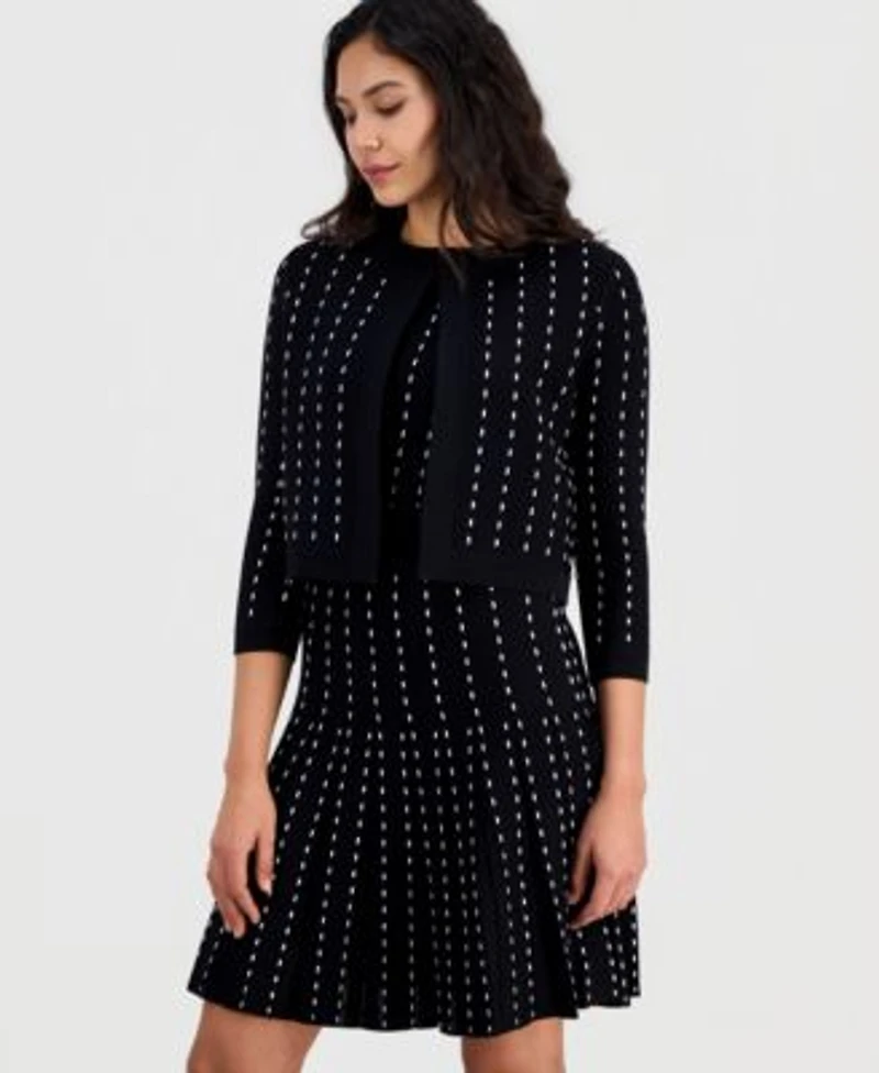 Anne Klein Womens Pinstripe Pleated Sweater Dress Pinstripe Open Front 3 4 Sleeve Cardigan