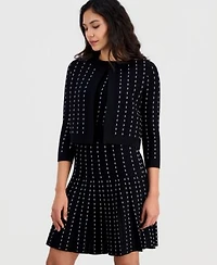 Anne Klein Womens Pinstripe Pleated Sweater Dress Pinstripe Open Front 3 4 Sleeve Cardigan