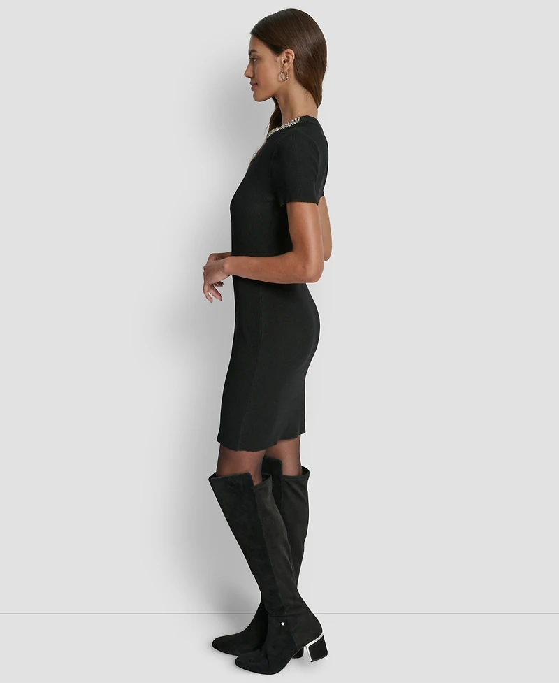 Dkny Jeans Women's Short-Sleeve Embellished Neck Short Dress