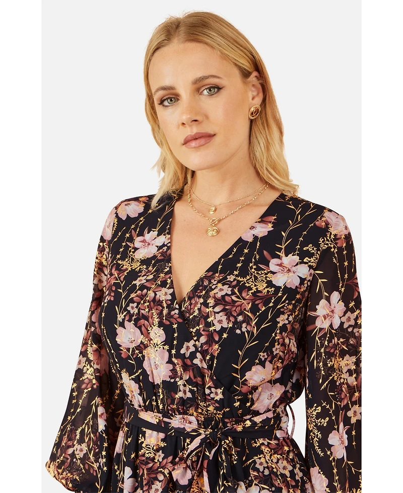 Yumi Women's Foiled Floral Print Wrap Midi Dress