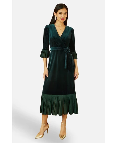 Yumi Women's Velvet Wrap V-Neck Midi Dress